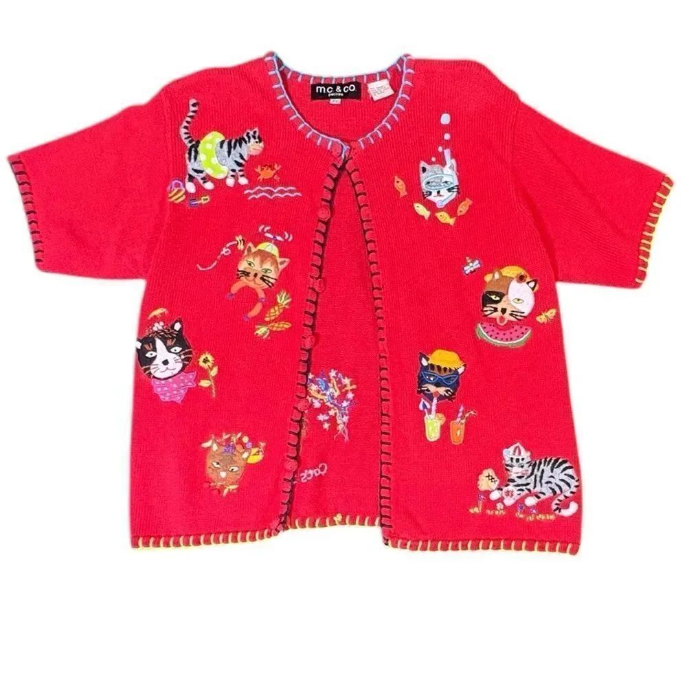 Vintage Kitten Embroidered Cat Sweater Cardigan  Novelty M.C. & Co PS Red